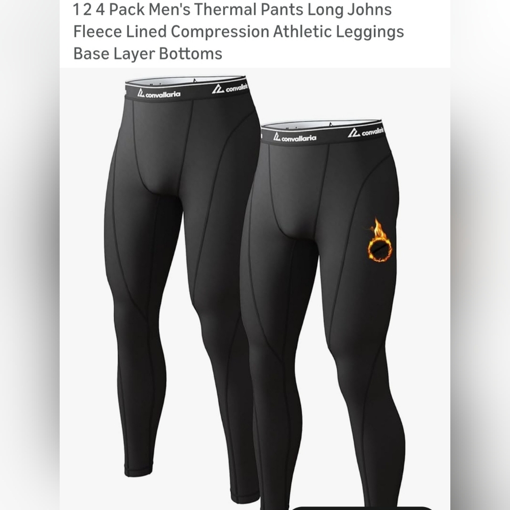 Convallaria Men’s Black Thermal Compression Leggings - 4 Pack.  M-9